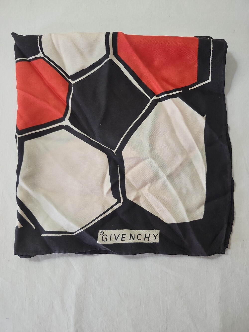 Vtg 70s Givenchy Silk Scarf Geometric Honeycomb Black Red White Mod Revival